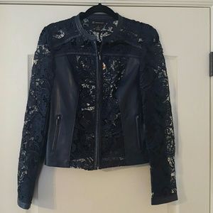 INC Navy Leather and Lace Bomber Jacket