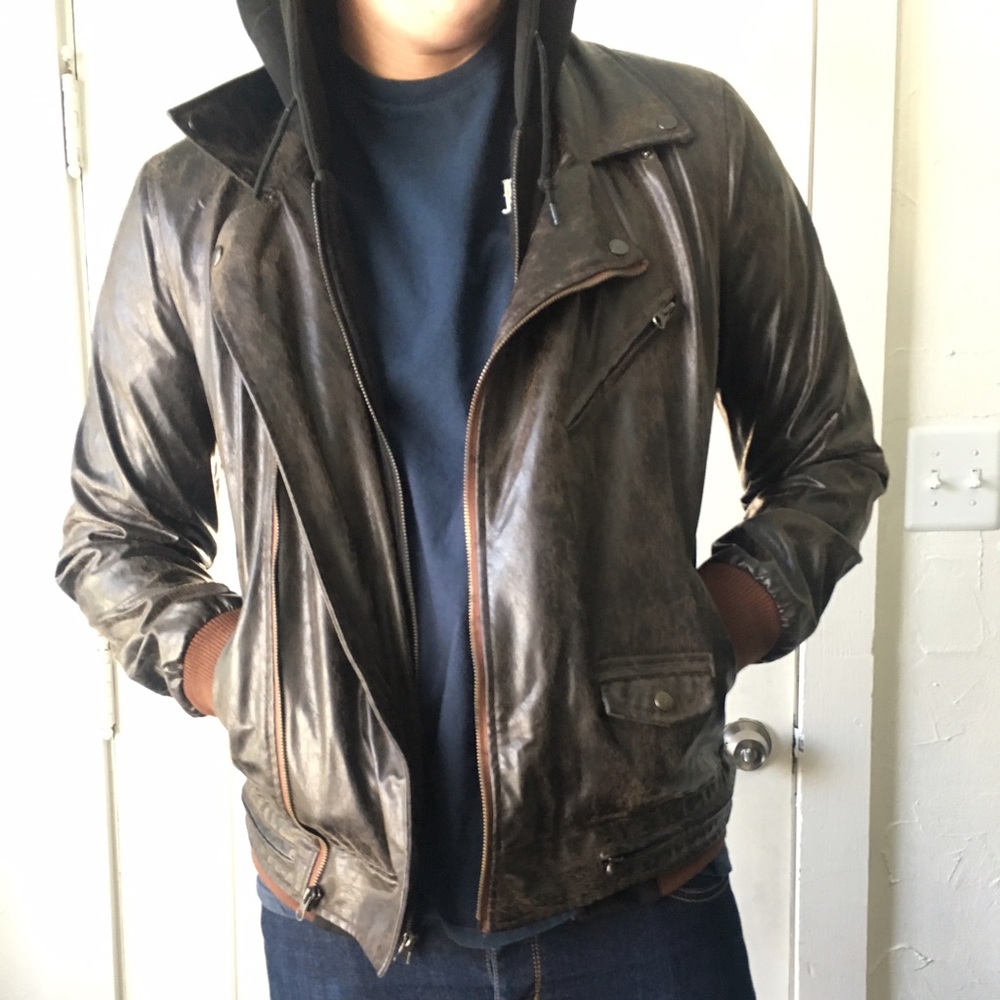 Obey vintage style faux leather w built in hoodie