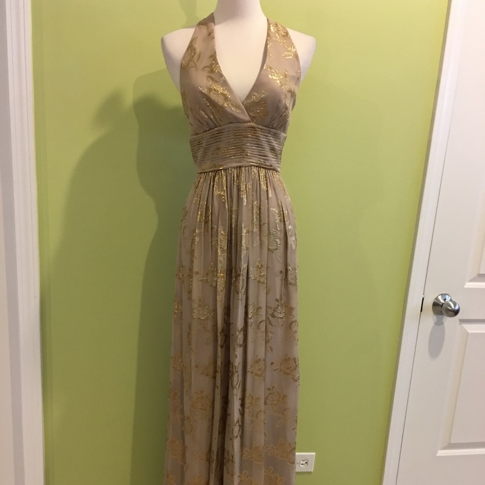 BCBGMaxazria NWT gold chiffon halter dress 6