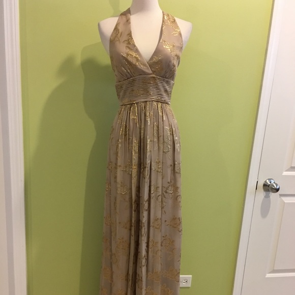 BCBGMaxazria NWT gold chiffon halter dress 6 - Picture 1 of 4