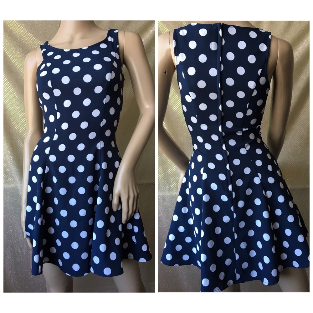 H&M navy blue polka dot dress flared sleevelesd