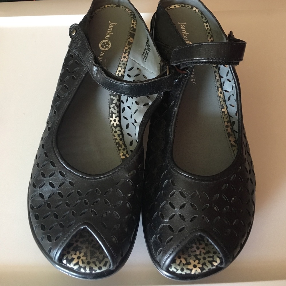 Black peep toe Jambu wedge sandals. Size 9.5