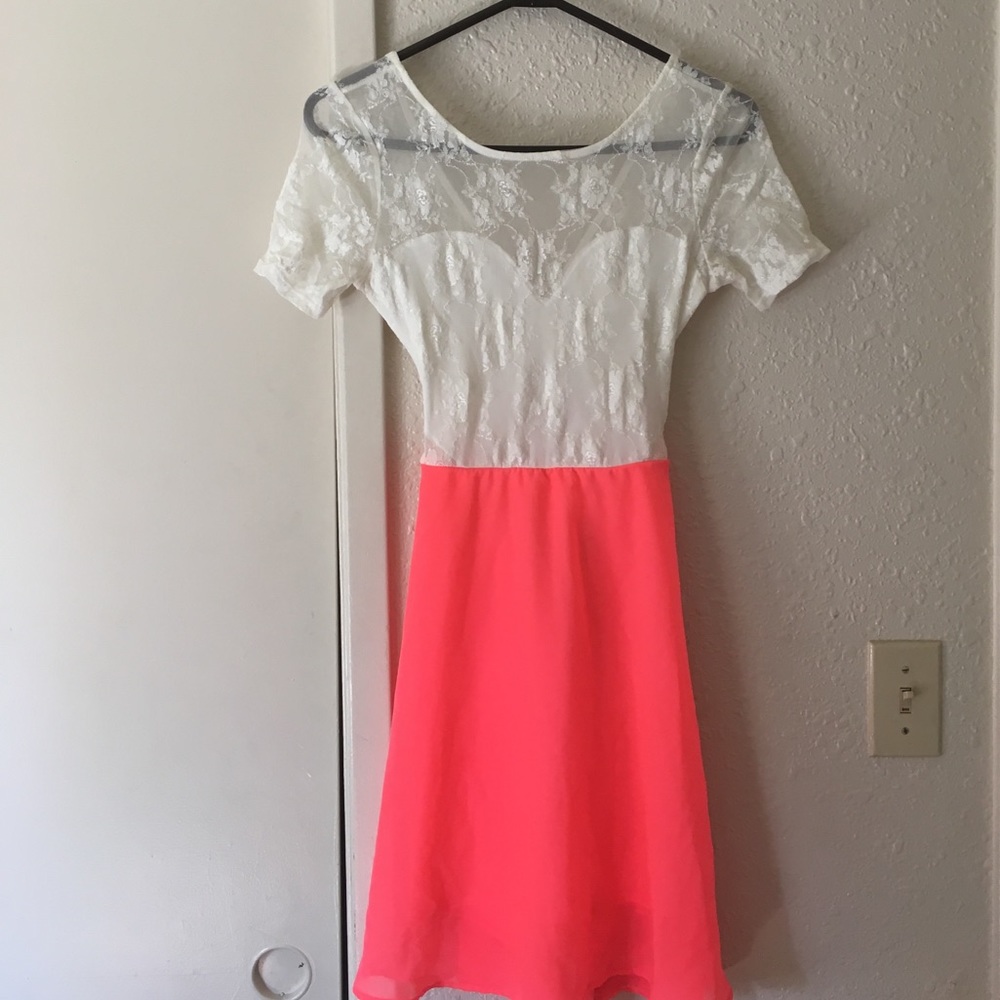 White and neon coral lace dress