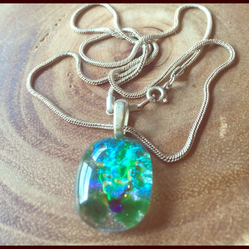 fired glass pendant with sterling silver chain.