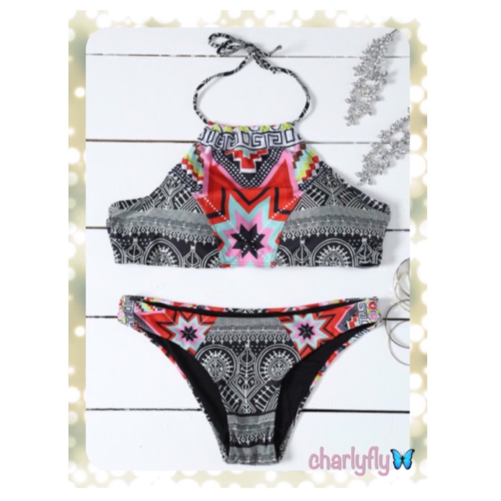 Ethnic Geometric Halter Bikini Set