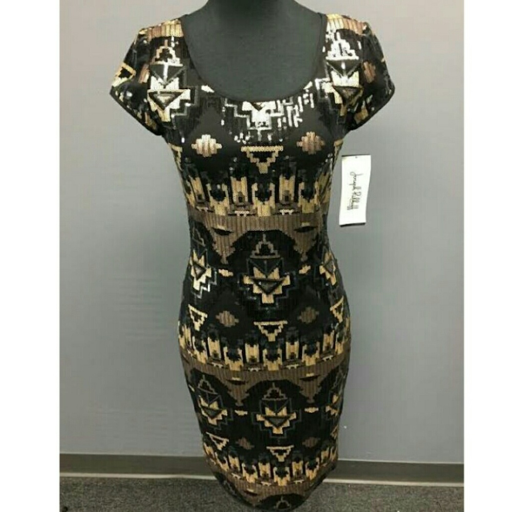 Joseph Ribkoff Black and Gold Sequin Bodycon dress