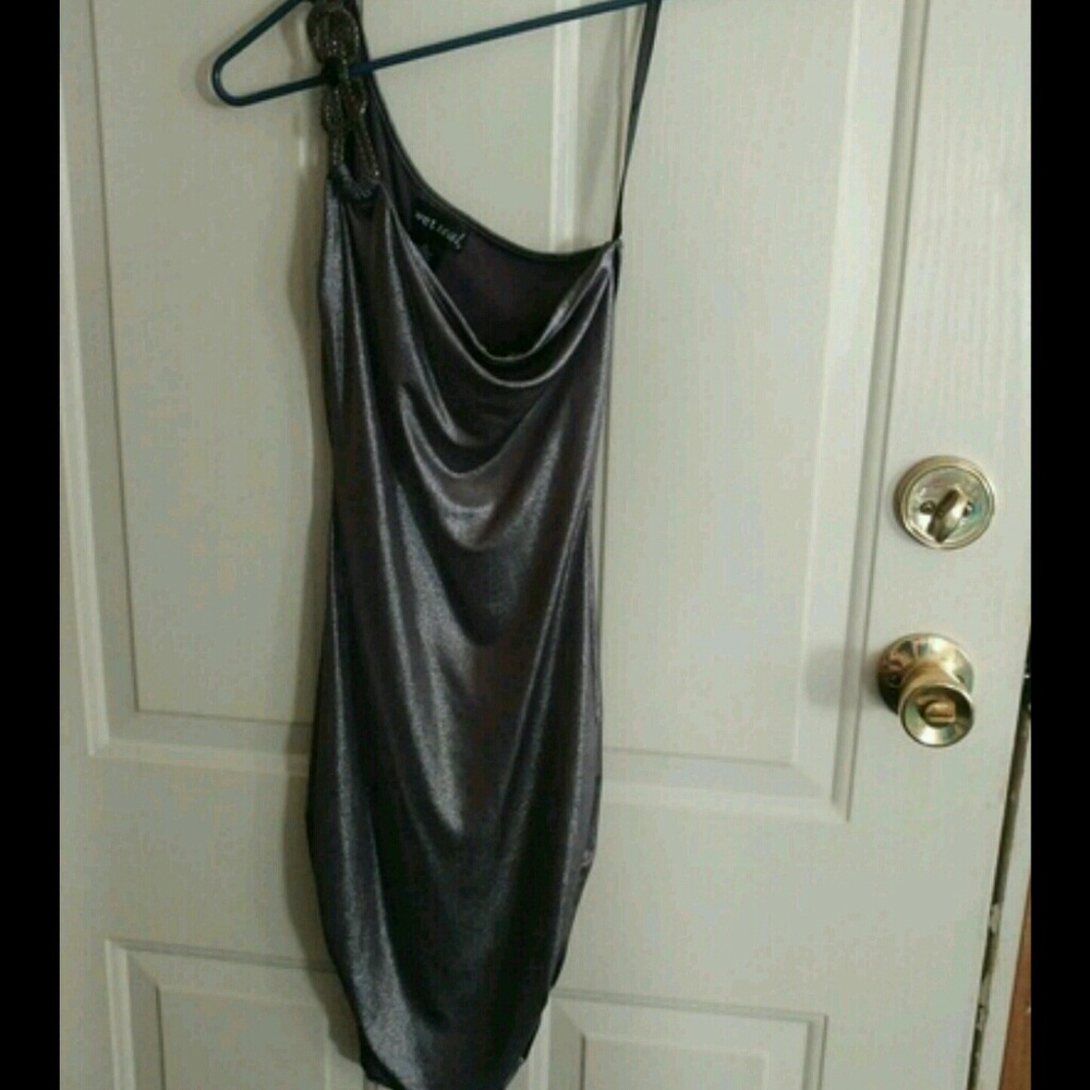 Shiny gun metal gray one shoulder mini dress