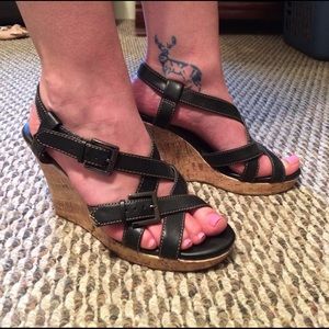 SZ 8 Euro Soft Black Strappy Wedges