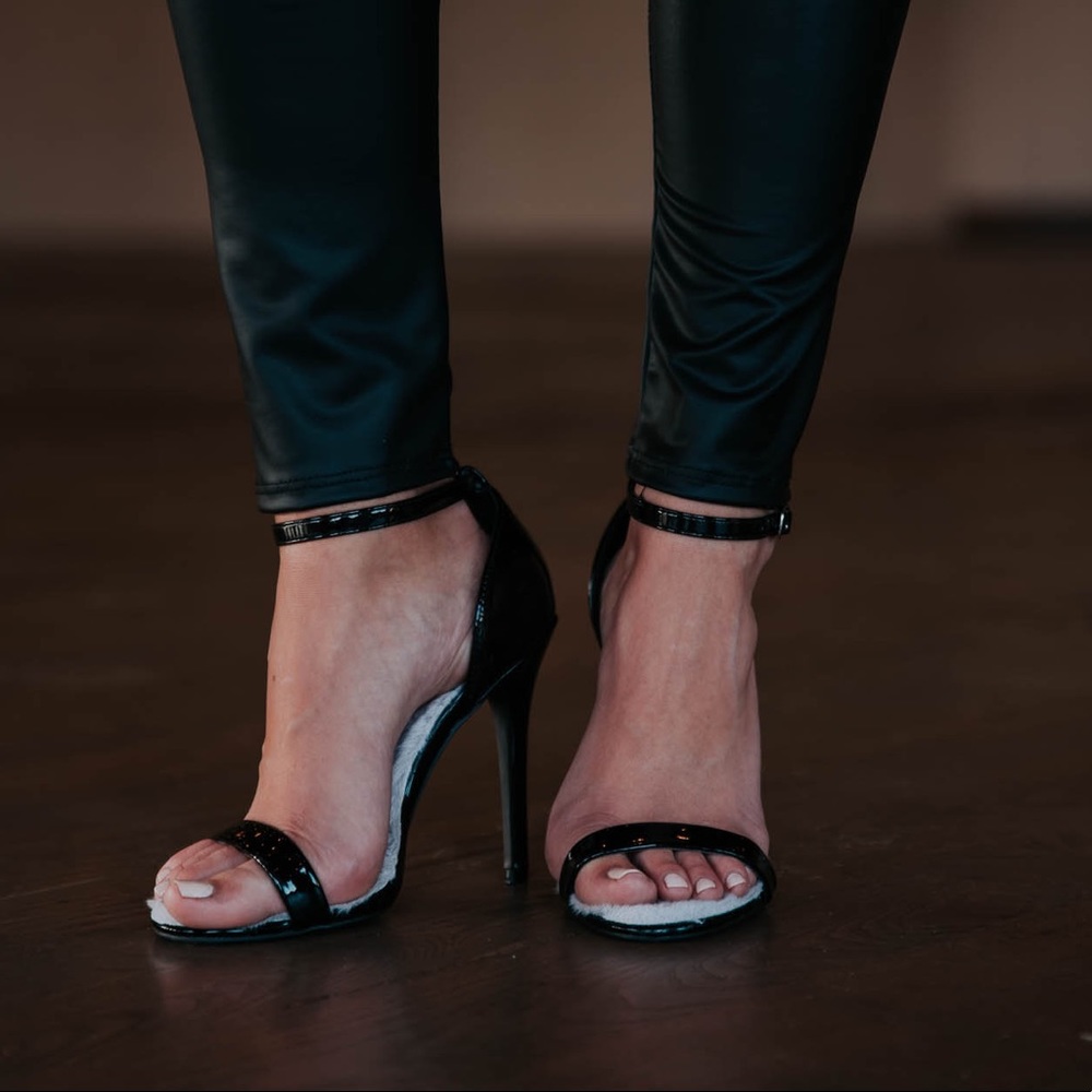 Faux Fur Black Patent Leather Heel