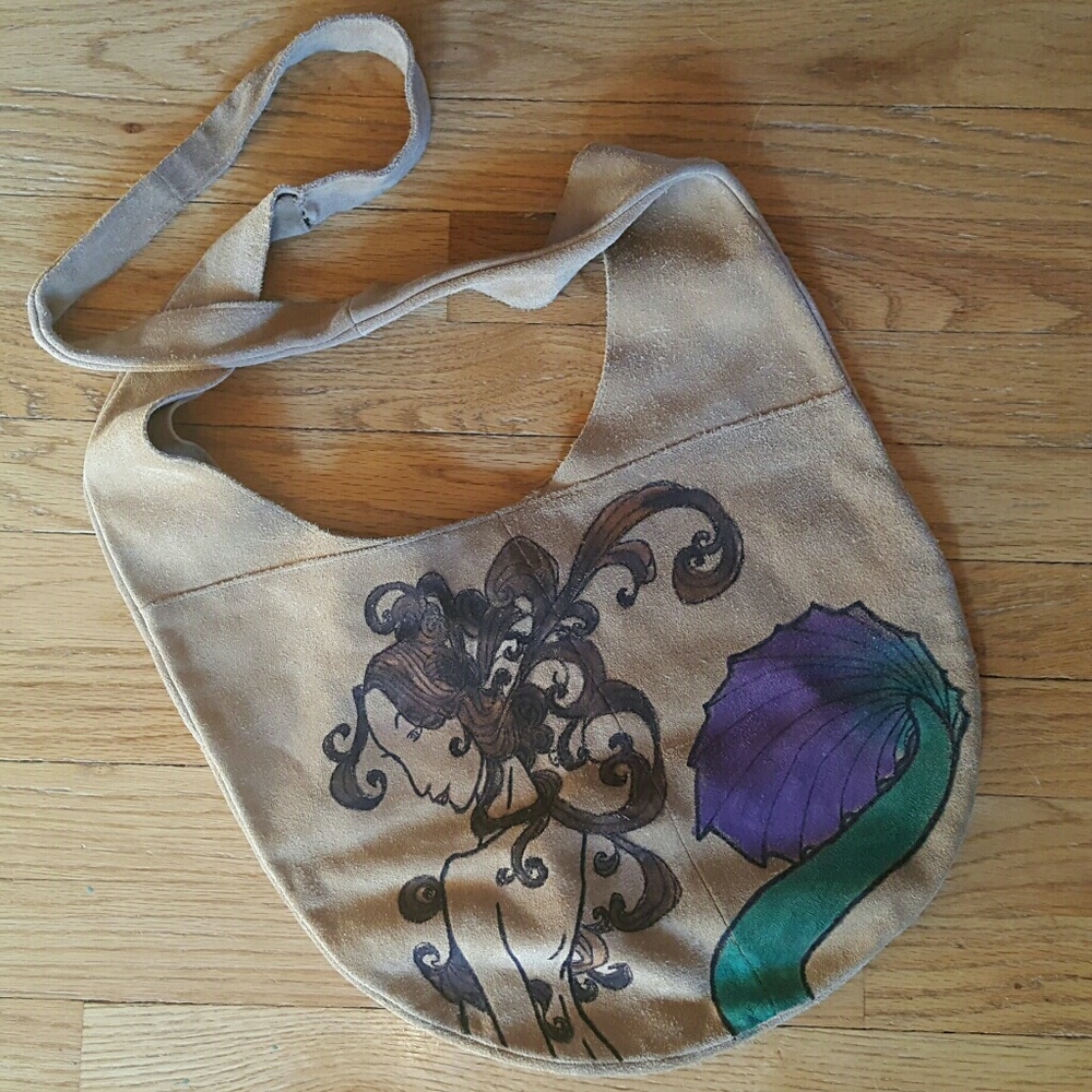 Tan suede leather hand painted mermaid hobo bag