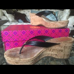 Tory Burch Suzy Cork Wedge Black  Leather Sandals