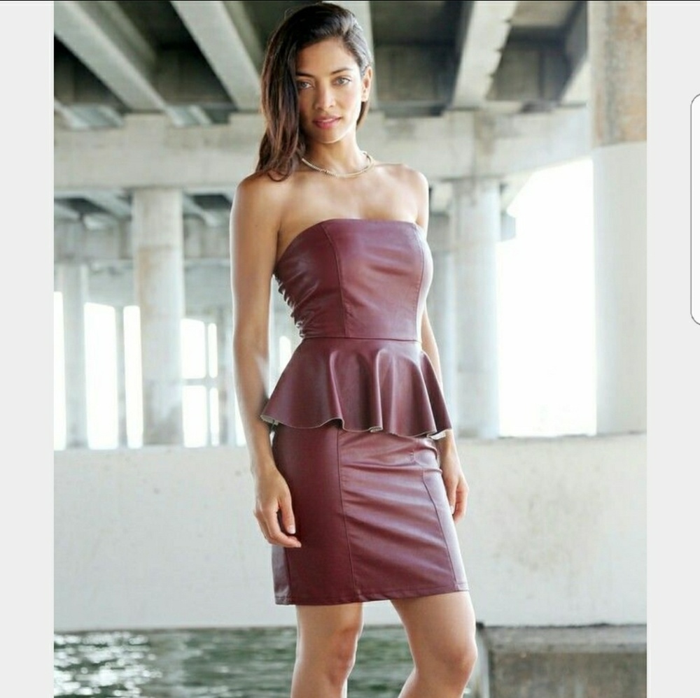 NWT Red Burgundy Peplum Leather-Like fitted Midi