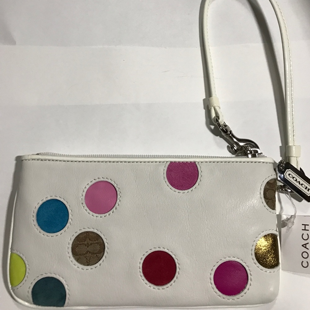 NWT Coach white wristlet w/multicolored polka dots