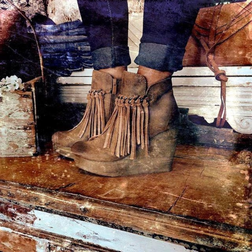 Fringe wedge booties