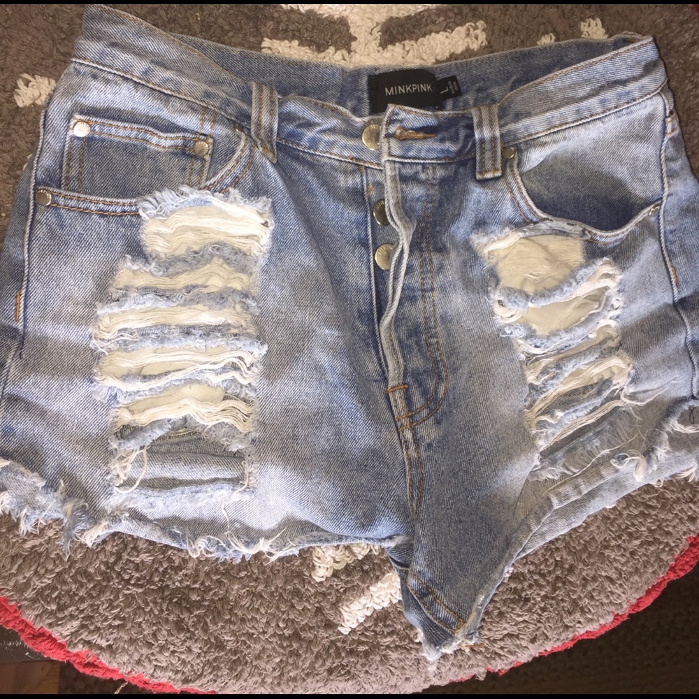 MINK PINK HIGH WASTED DENIM DISTRESSED SHORTS!!