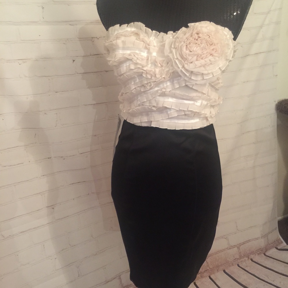 Bebe Chloe Rosette mini dress black cream ruffle