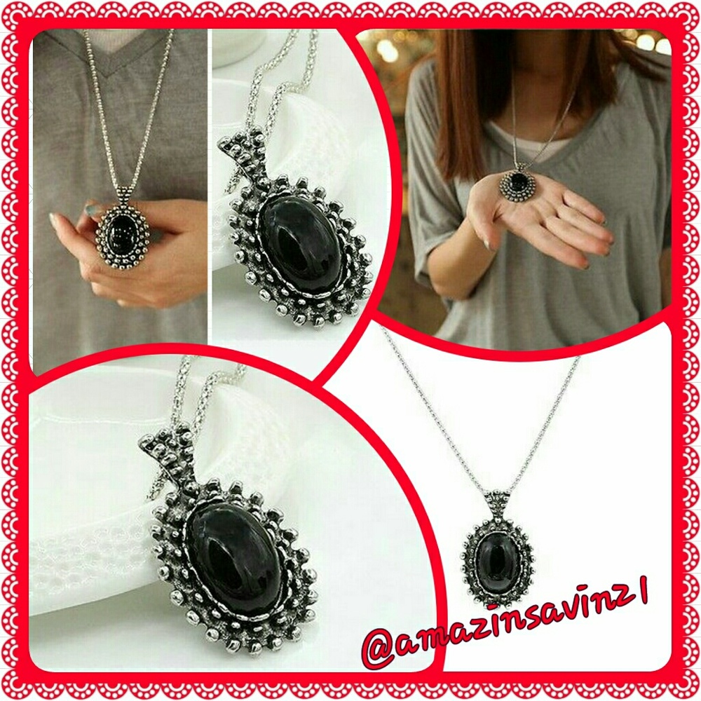SoldRetro Long Black Silver Pendant NECKLACE