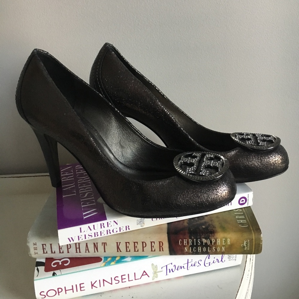 Tory Burch Gunmetal and Rhinestone Heels