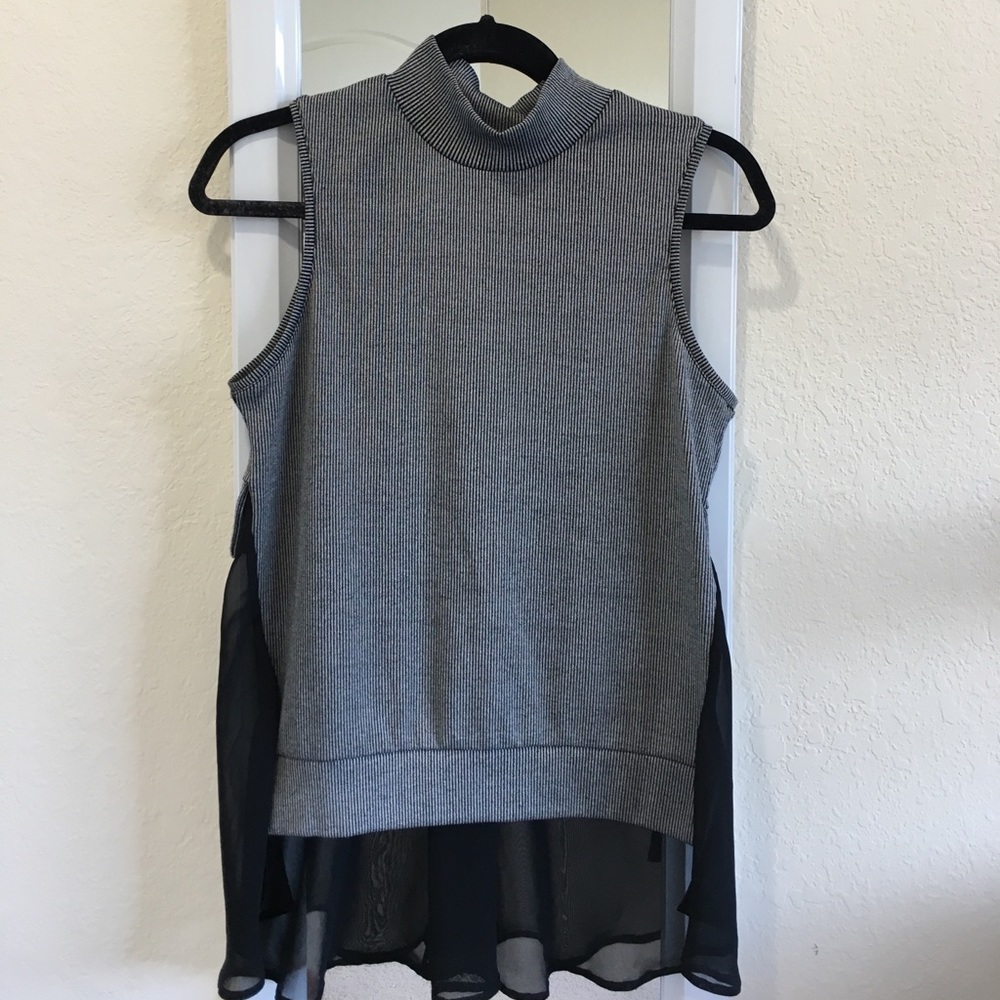 French Connection Mock Neck Hi-Lo Black Sheer Top