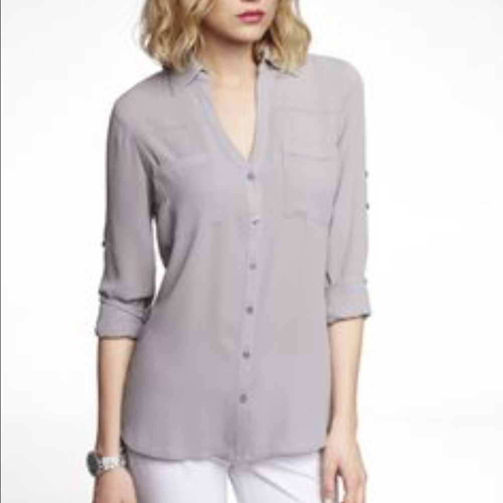 Express Portofino Gray Button Up Long Sleeve Top