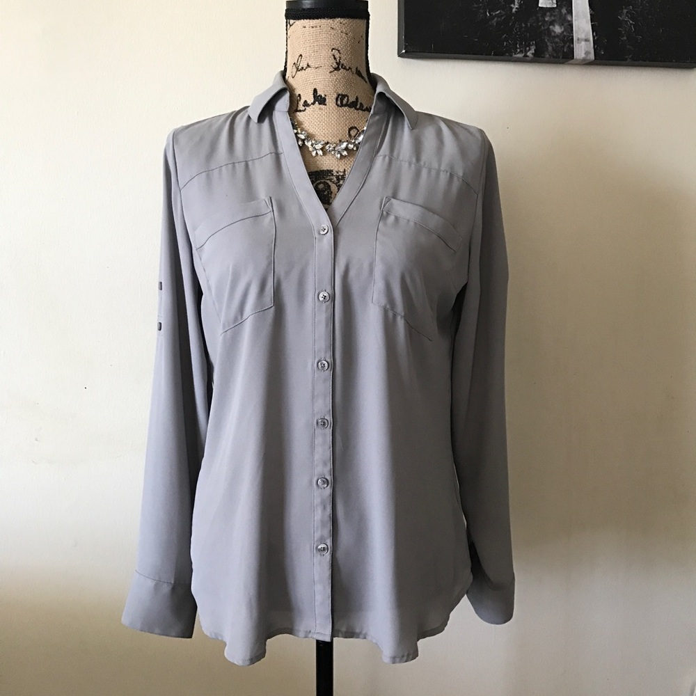 Express Portofino Gray Button Up Long Sleeve Top - Picture 3 of 4