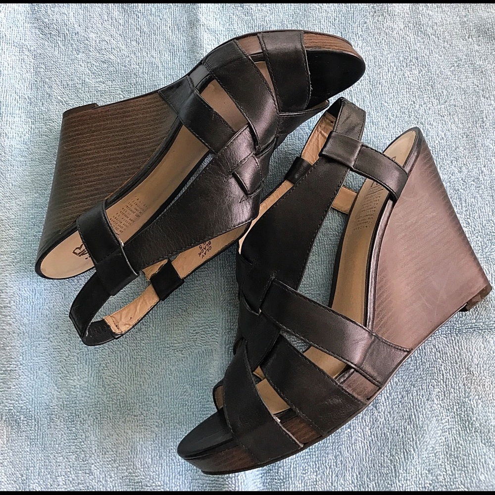 Black wedges, wood platform heel.