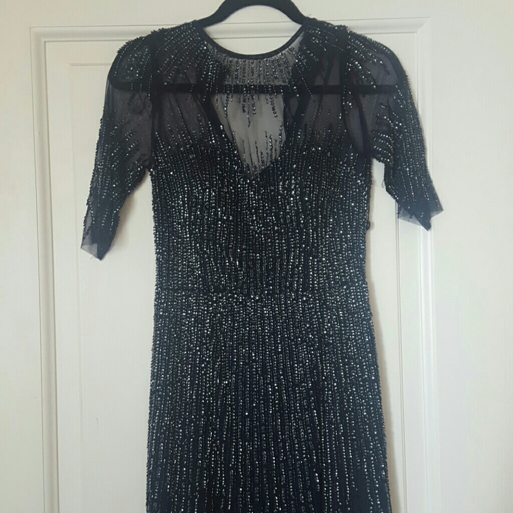 Adrianna Papell Long Navy Beaded Evening Gown
