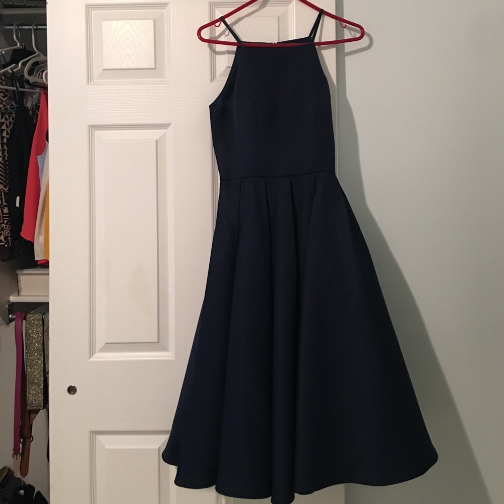 Navy blue princess dress with tulle underskirt