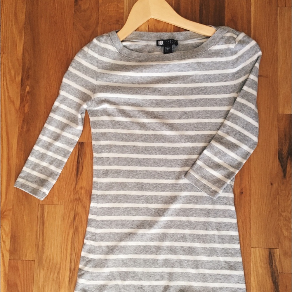 Grey and white striped 3/4 sleeve boat neck
