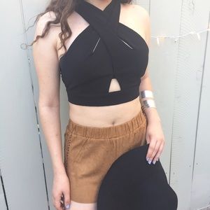 Black crop/suede shorts set