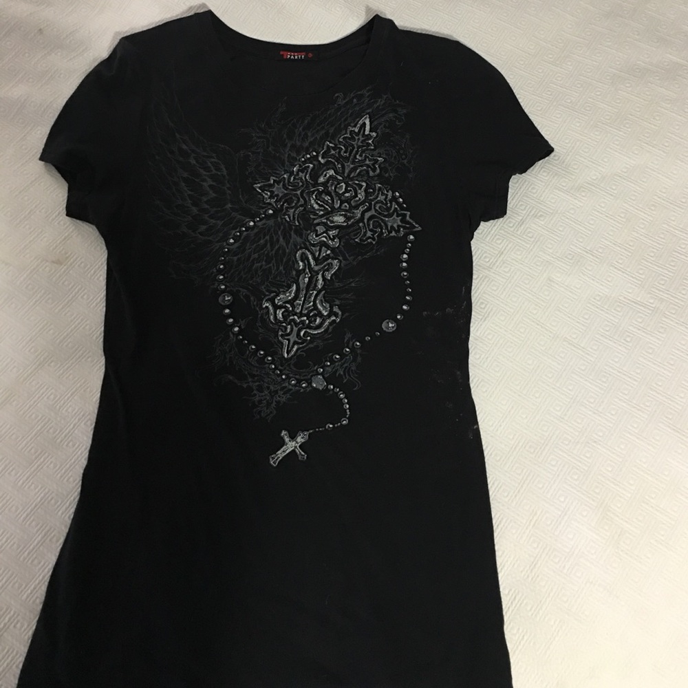 Black tee with raised cross on front & wings back