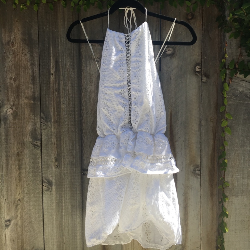 White Eyelet Lace Backless Romper