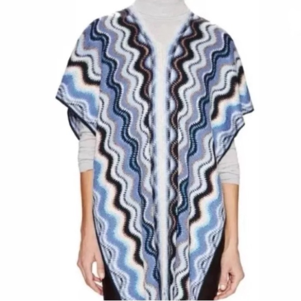 💙 MISSONI Wool Blue Zig Zag Poncho Shawl RUANA Lightweight Sweater NEW
