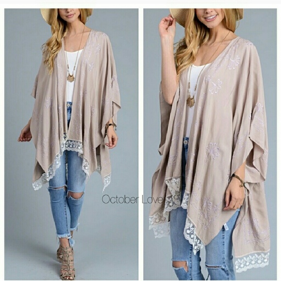 Other - Beige Lace Kimono with Purple Embroidery