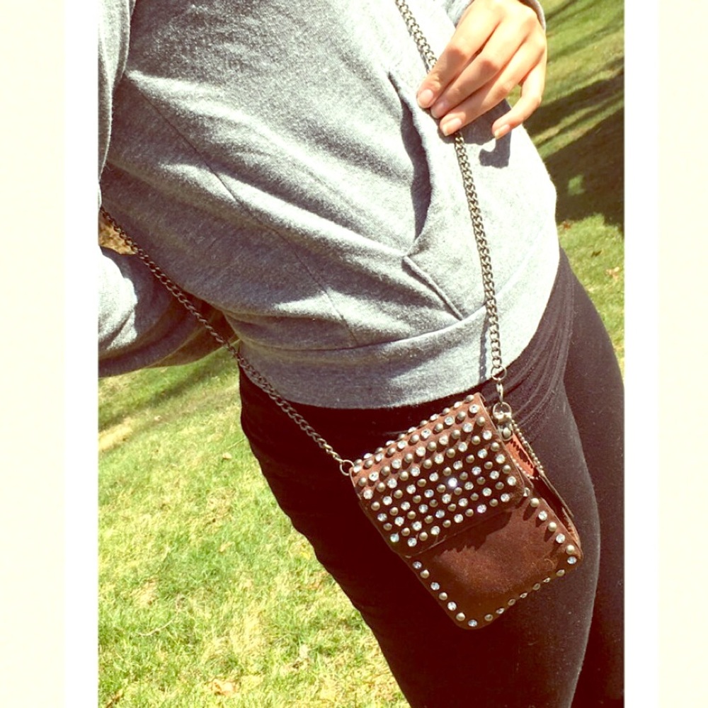 Leather rhinestone studded belt pouch cross body