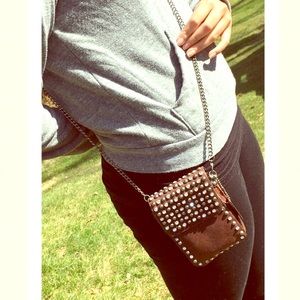 Leather rhinestone studded belt pouch cross body