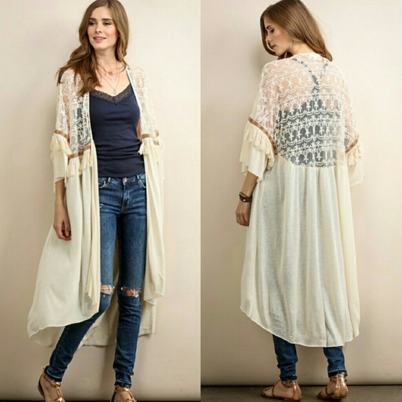 Long lace fringe wrap duster kimono cardigan - Picture 3 of 8