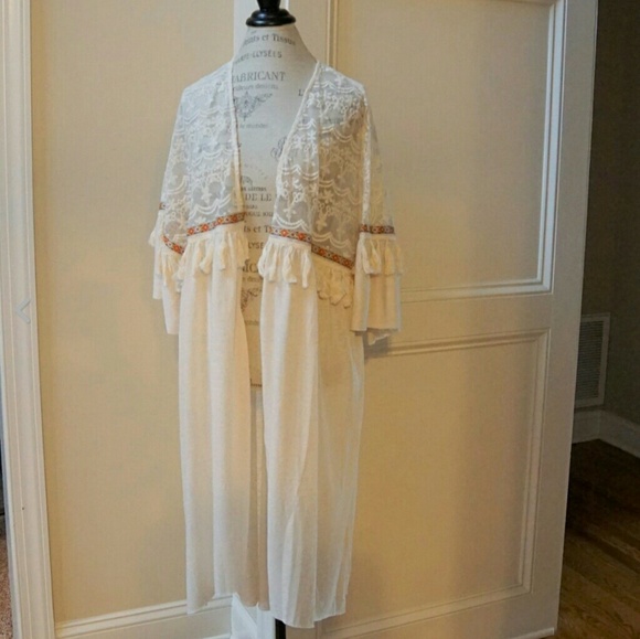 Long lace fringe wrap duster kimono cardigan - Picture 4 of 8