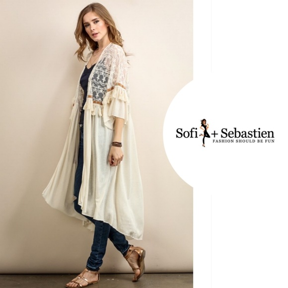 Long lace fringe wrap duster kimono cardigan - Picture 2 of 8