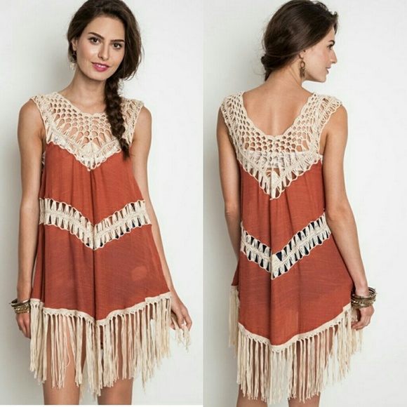 Burnt orange crochet fringe tunic top or cover up - Picture 3 of 6