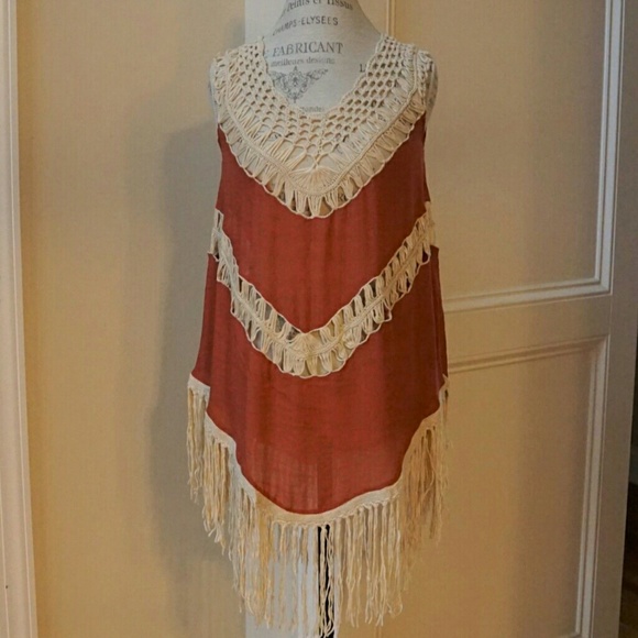 Burnt orange crochet fringe tunic top or cover up - Picture 4 of 6