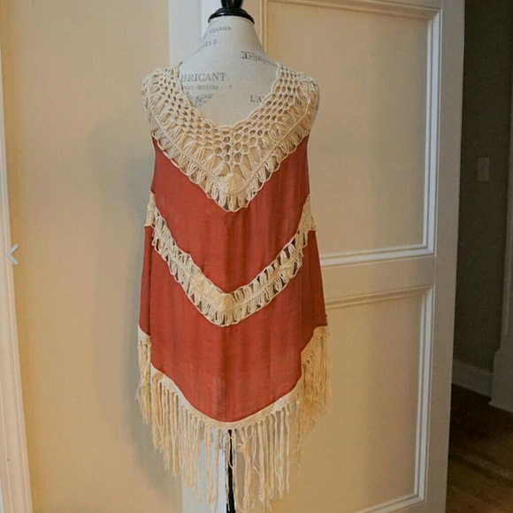 Burnt orange crochet fringe tunic top or cover up - Picture 5 of 6