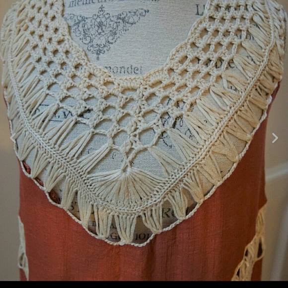 Burnt orange crochet fringe tunic top or cover up - Picture 6 of 6
