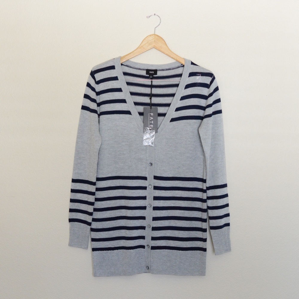 Fate Navy and Grey Striped Cardigan NWT