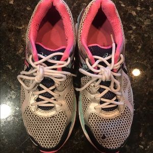 Pink and green ASICS sneakers