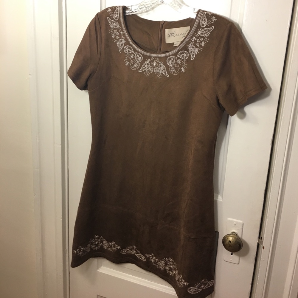 Faux Suede Embroidered Shift Dress