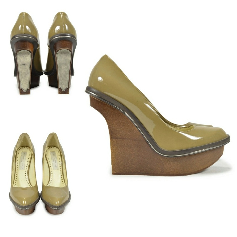 AUTH Stella McCartney curved wood/metal wedge pump