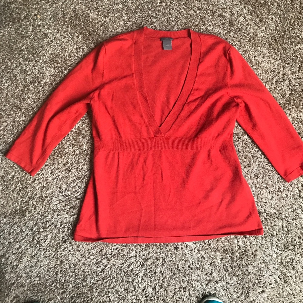 Ann Taylor 3/4 Length v-neck sweater in orange