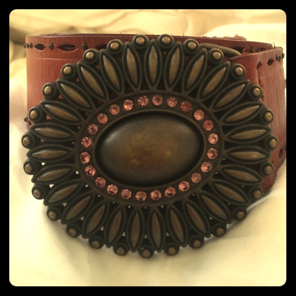 Fossil Belt- Brown Leather- Pink Stones