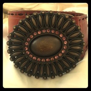 Fossil Belt- Brown Leather- Pink Stones